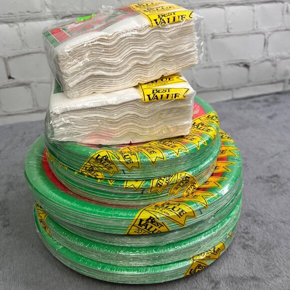 Vintage Christmas Plates Napkin Party Lot 230 pc Poinsettia Coated Red Green NIP - Picture 3 of 11